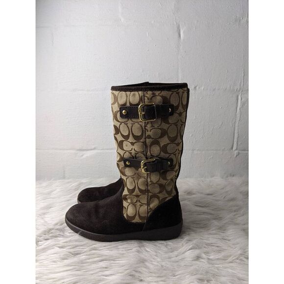 Coach Tinah Canvas‎ Suede Monogram Brown Lined Buckle Mid Calf Boots Size 7.5 - Picture 1 of 6